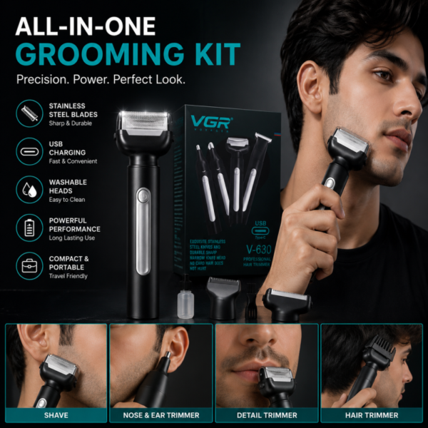 VGR V-630 Professional Hair Trimmer Premium design, sharp stainless steel blades, and USB Type-C fast charging — built for smooth trimming and clean styling every day