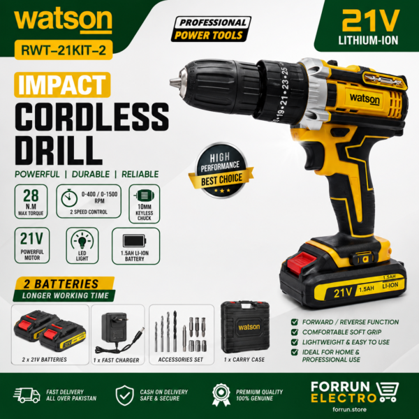 Watson 68V Cordless Impact Drill Machine Kit with 2 Batteries | 10mm Keyless Chuck | Electric Power Tool